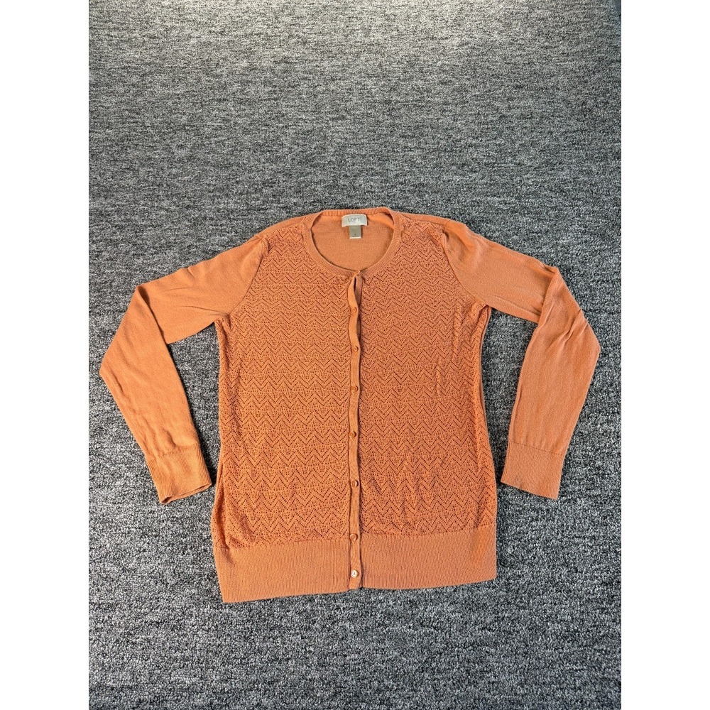 Ann Taylor Loft Cardigan Sweater Womens Small Coral Crochet Ribbed Hem Winter